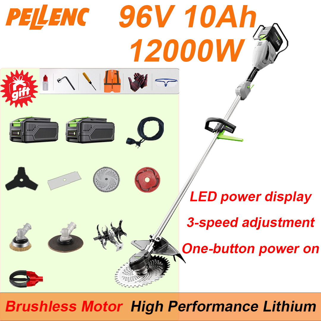 Testa di smerigliatura*1, lama per lucidatura*1, lama per aratro*1, testa per raccolta frutta*1, batteria al litio 96V 10Ah*2, testina funzionale sostituibile*4, caricatore rapido*1, borsa degli attrezzi*1, manuale di istruzioni*1, 12000W alta potenza, nuova funzione di visualizzazione dell'alimentazione, commutazione a tre velocità, avvio con un solo pulsante, durata della batteria di 24 ore e garanzia di cinque anni.